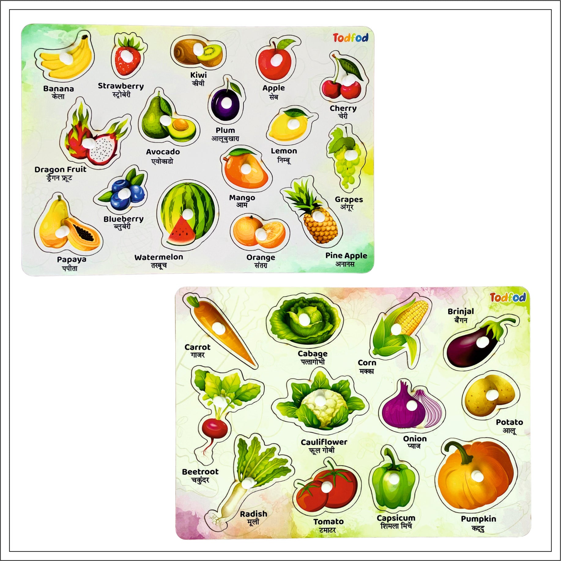 Fruit and Vegetable Characters Wooden Knob & Pegged Puzzle for Kids