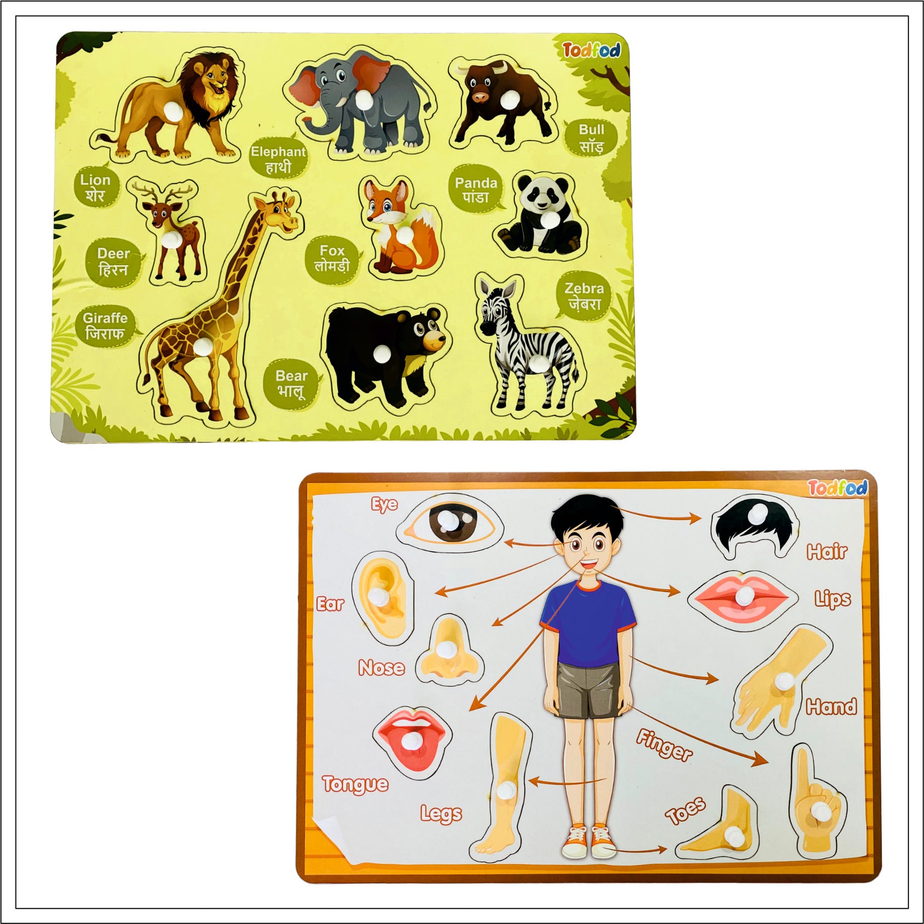 Wild Animal & Body Parts Characters Knob & Pegged Puzzle for Kids