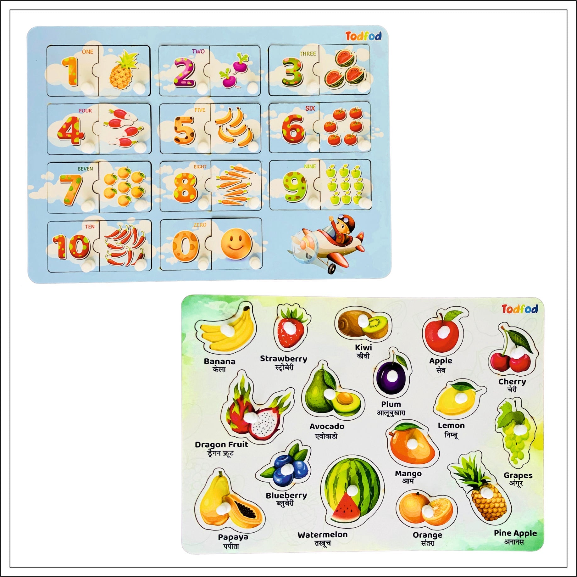 English Numbers & Fruit Characters Knob & Pegged Puzzle for Kids