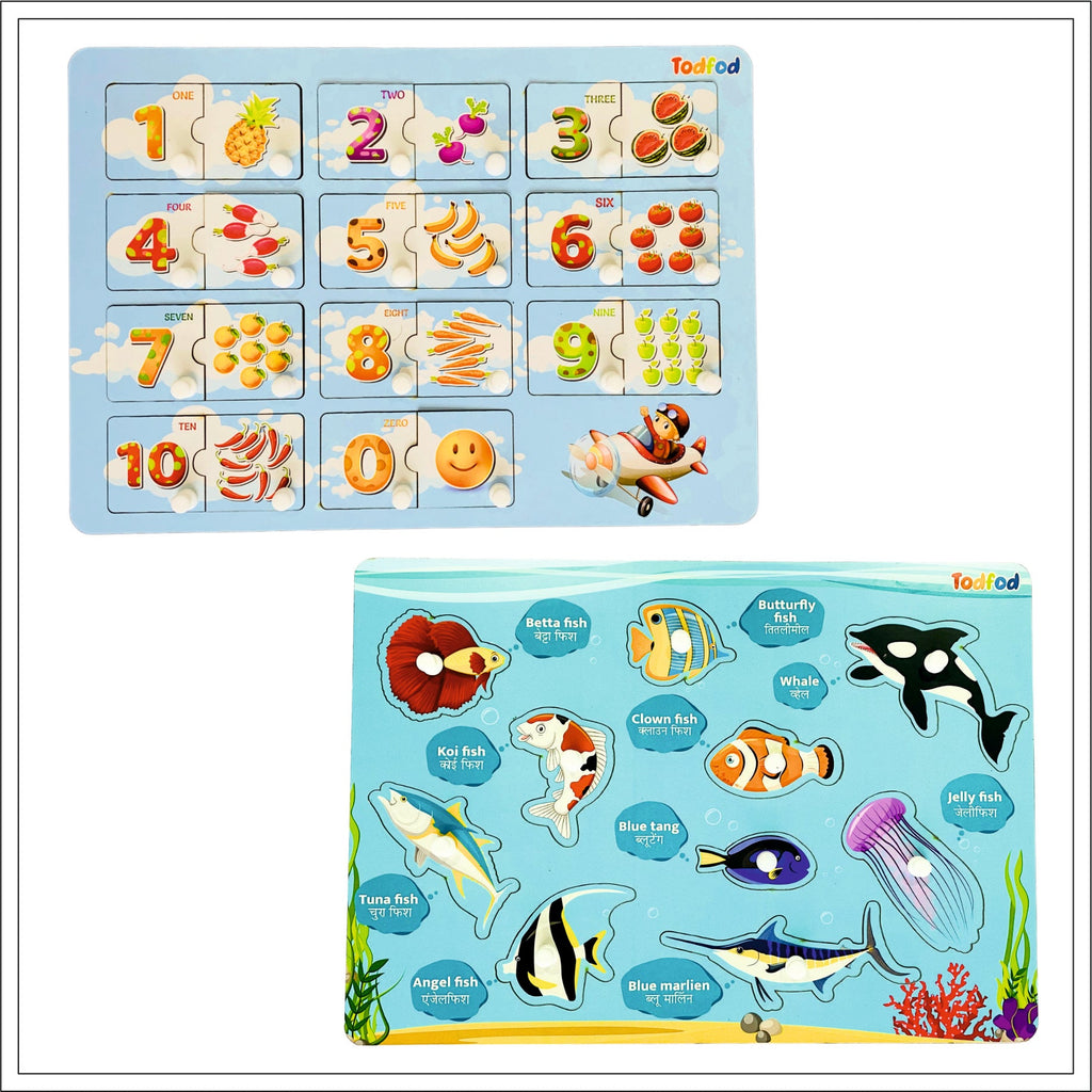 English Numbers & Fish Characters Knob & Pegged Puzzle for Kids