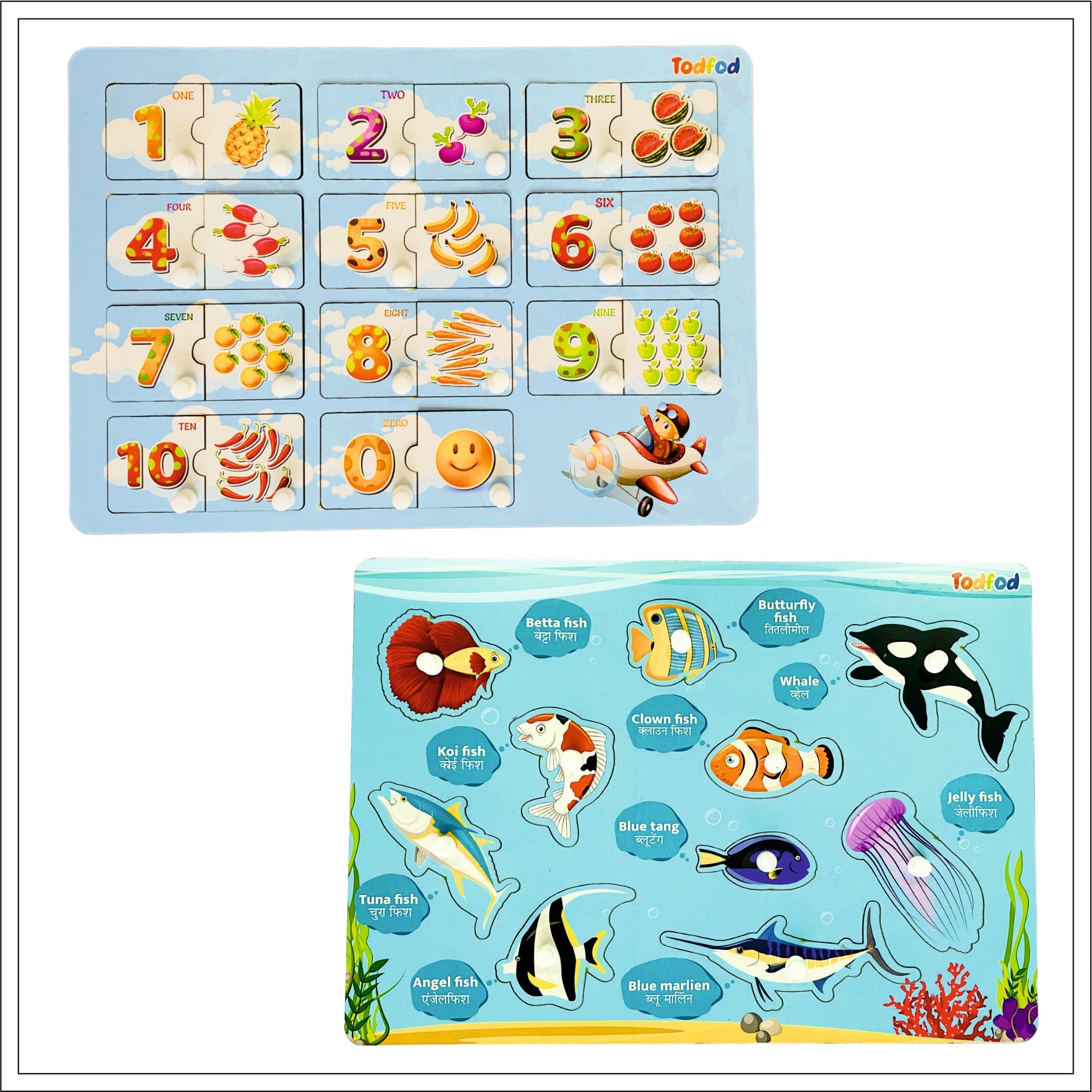 English Numbers & Fish Characters Knob & Pegged Puzzle for Kids