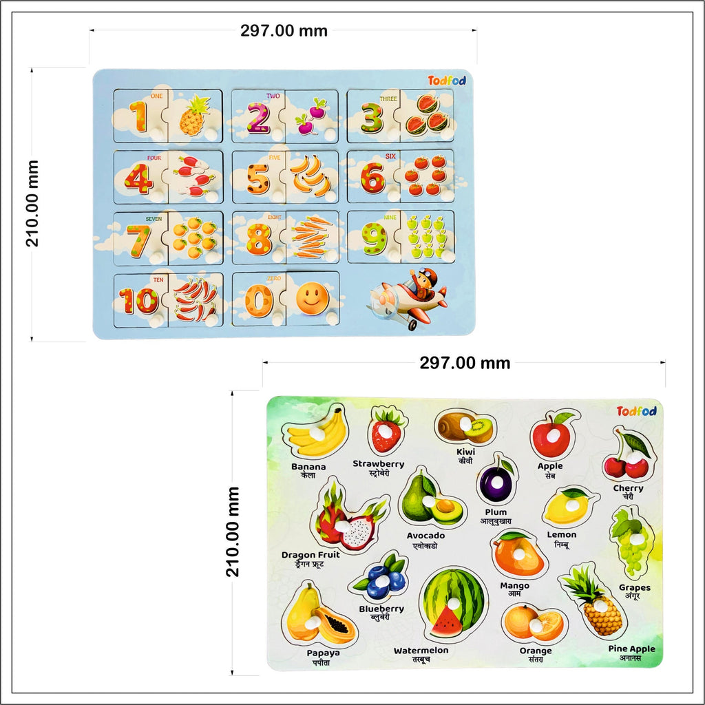 English Numbers & Fruit Characters Knob & Pegged Puzzle for Kids