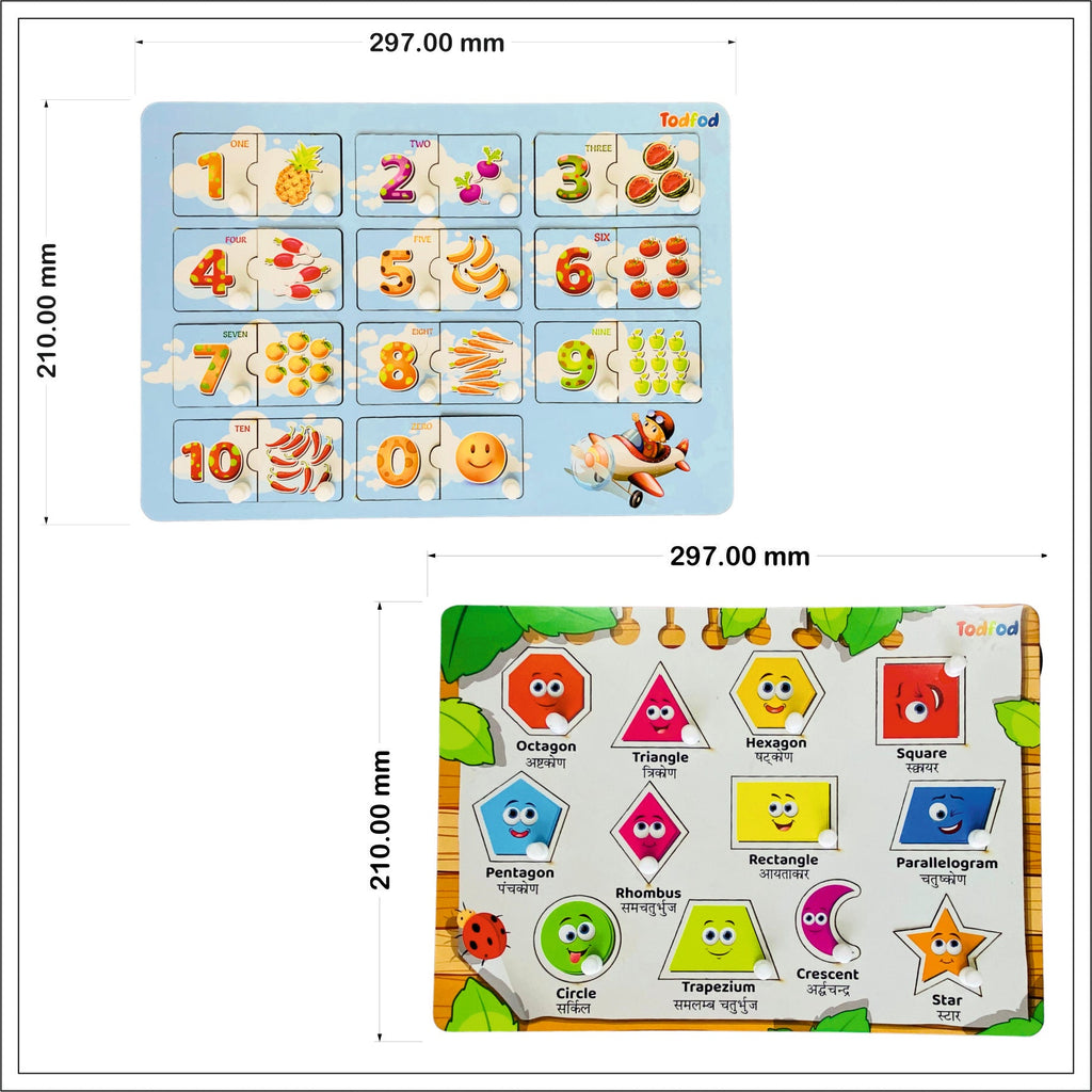 English Numbers & Shapes Wooden Knob & Pegged Puzzle
