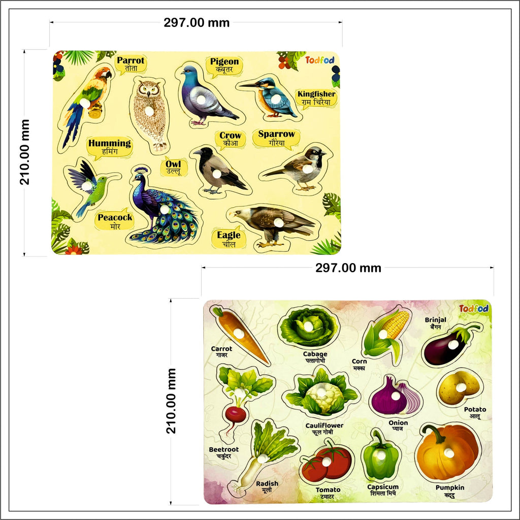Birds and Vegetable Characters Wooden Knob & Pegged Puzzle for Kids