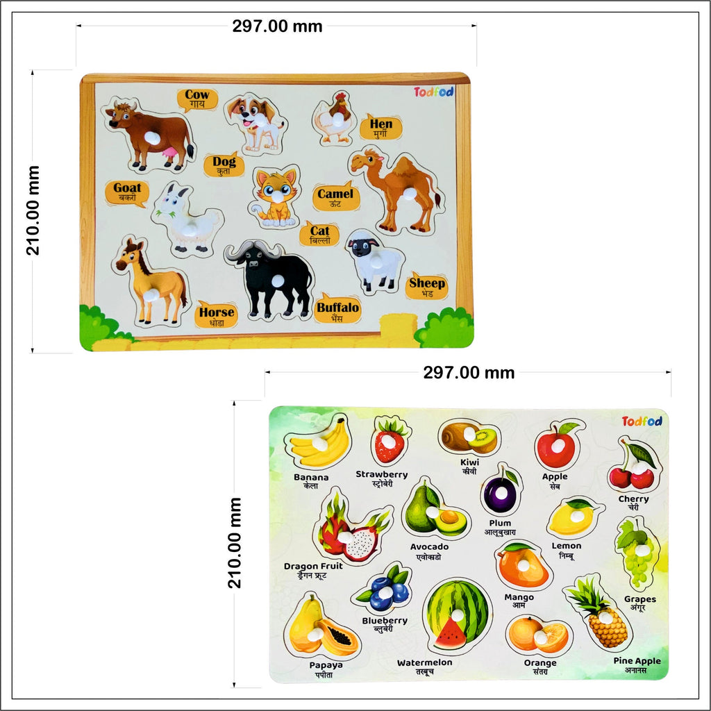 Pet Animals & Fruit Characters Knob & Pegged Puzzle for Kids