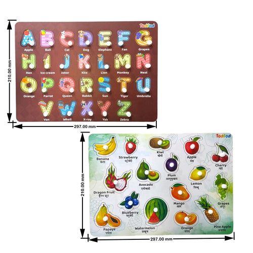 ABCD Fruit Characters Wooden Knob & Pegged Puzzle for Kids
