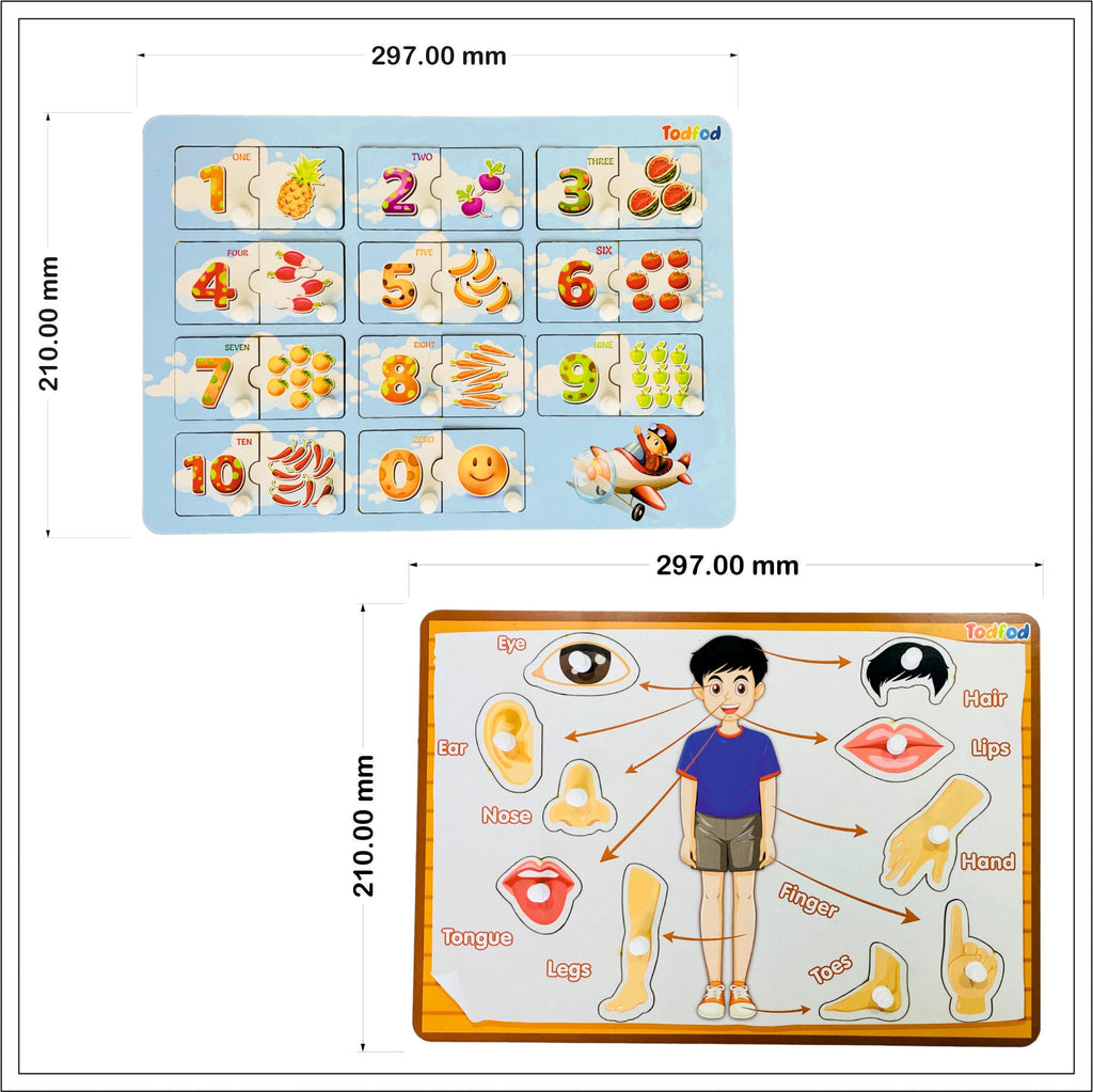 English Numbers & Body Parts Wooden Knob & Pegged Puzzle for Kids