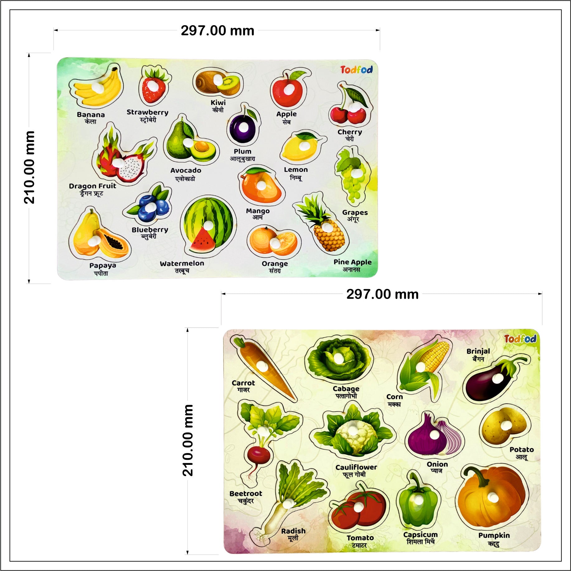 Fruit and Vegetable Characters Wooden Knob & Pegged Puzzle for Kids
