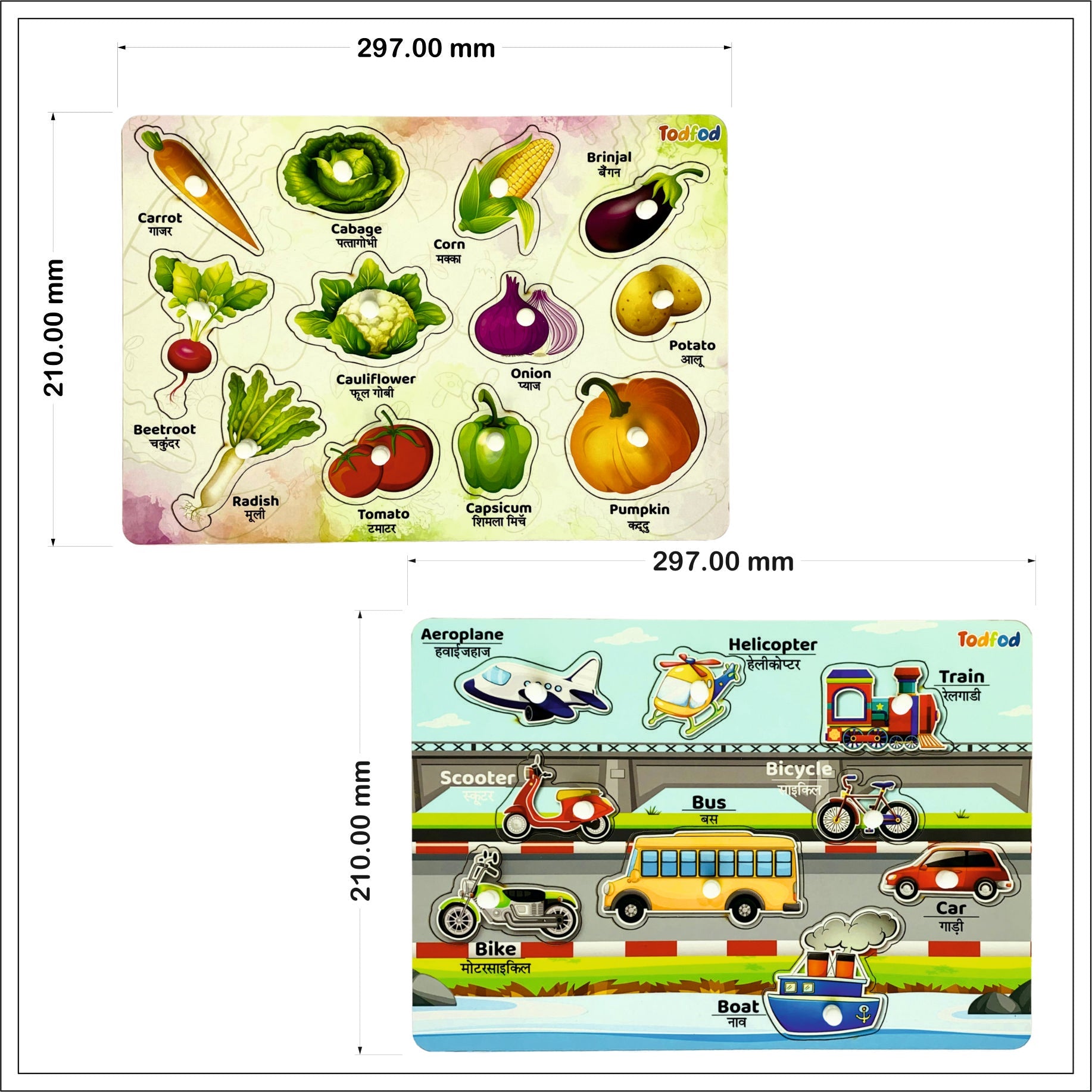 Veggie & Vehicle Wooden Knob & Pegged Puzzles for Kids