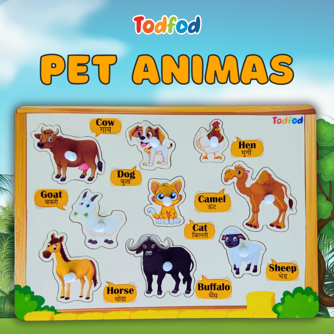 Pet Animals & Vegetables Wooden Knob & Pegged Puzzle for Kids