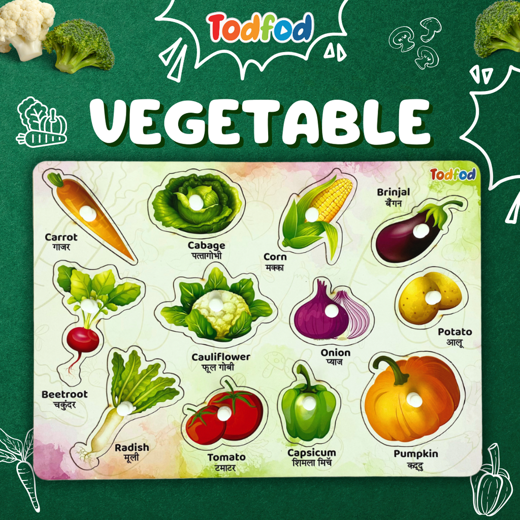 Fish and Vegetable Wooden Knob & Pegged Puzzle for Kids