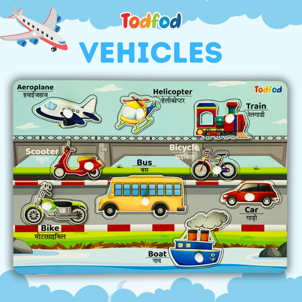 Veggie & Vehicle Wooden Knob & Pegged Puzzles for Kids
