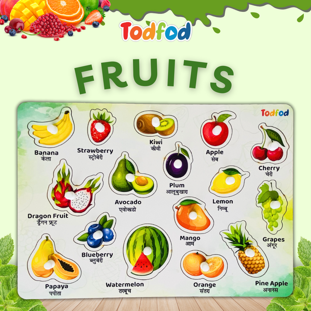 Wild Animals & Fruit Characters Knob & Pegged Puzzle for Kids