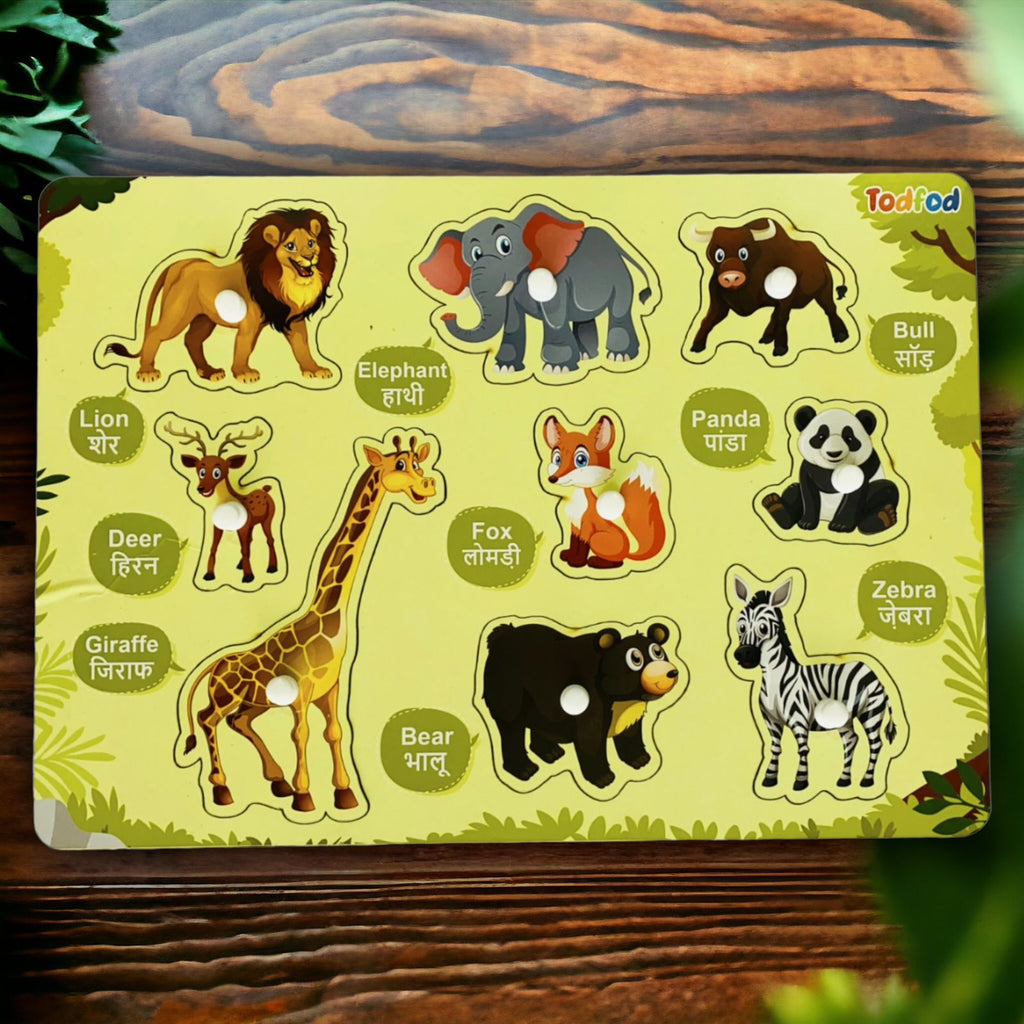 Wild Animals and Birds Wooden Knob & Pegged Puzzle for Kids