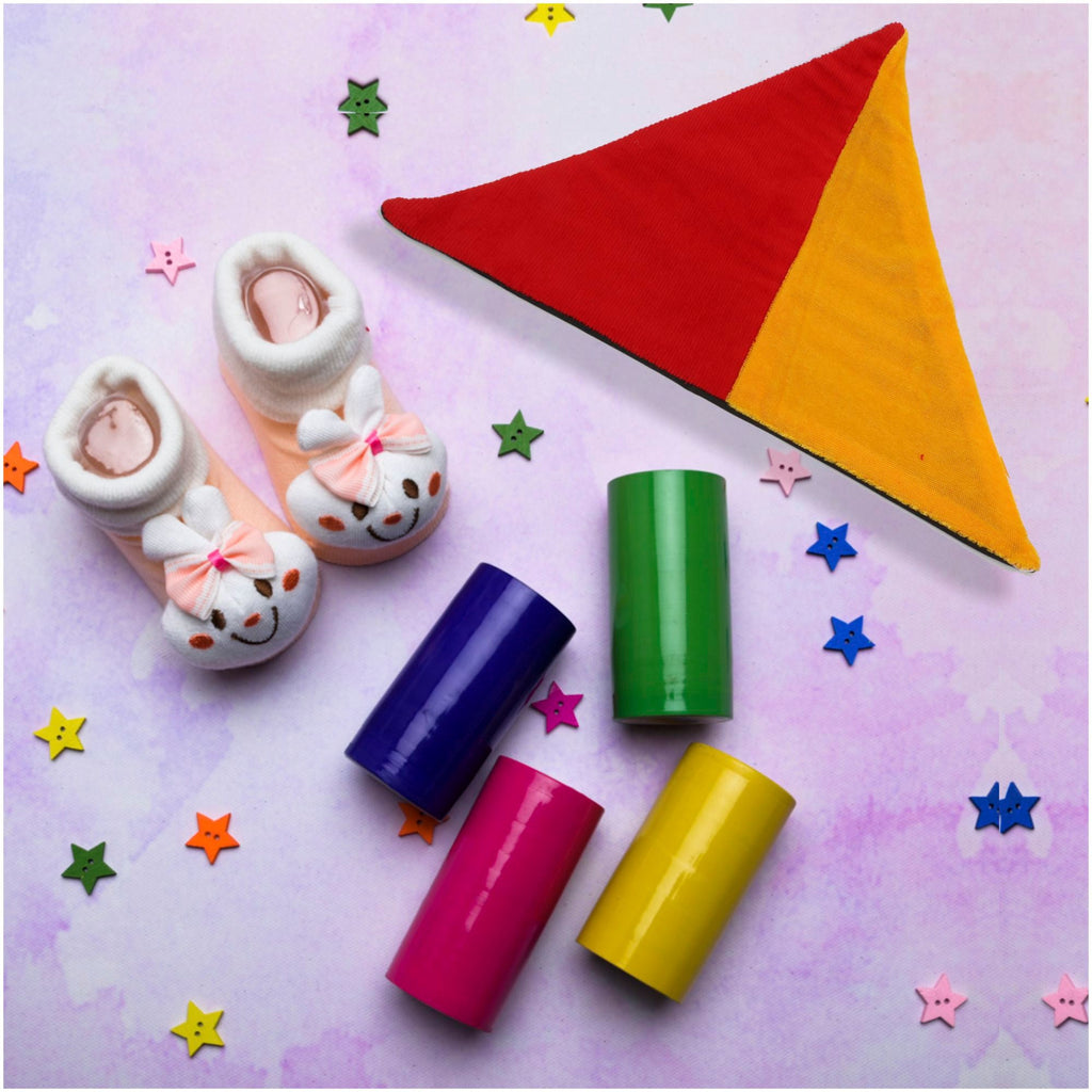 Baby Auditory Stimulation Pack: Baby Auditory Cylinders + Baby Bell Socks + Crinkly Triangle