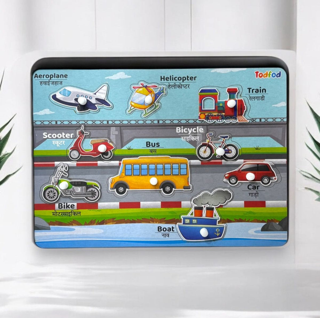 Veggie & Vehicle Wooden Knob & Pegged Puzzles for Kids