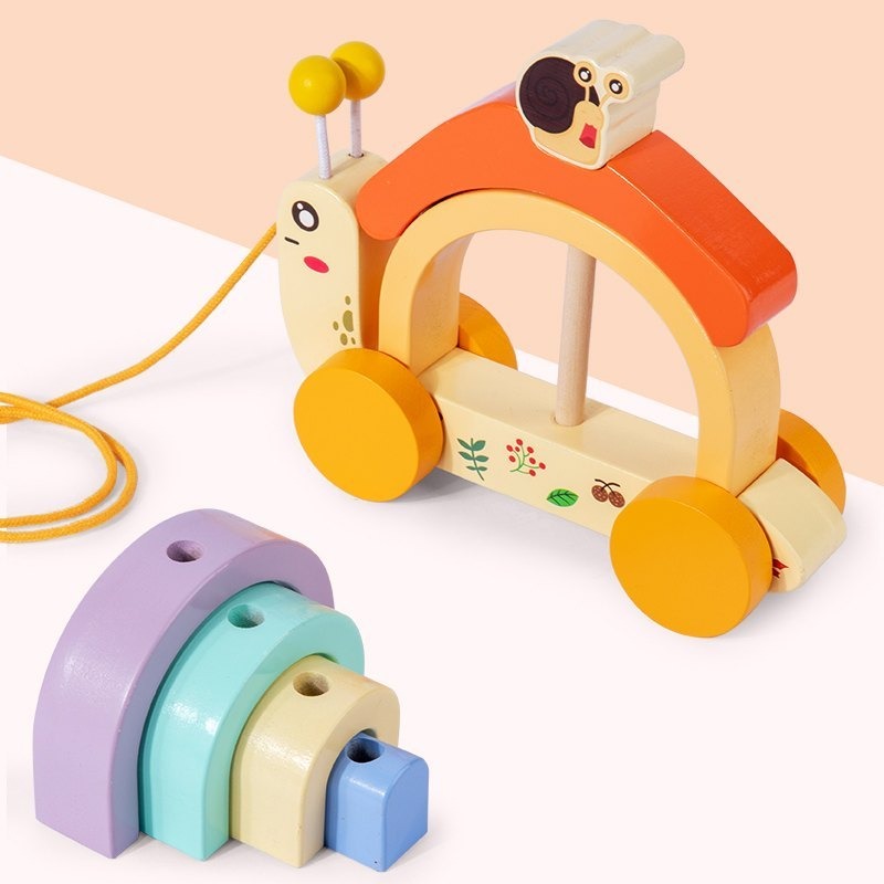 Wooden Snail Stacker Pull Along Toys for 1 + Year Old Boy